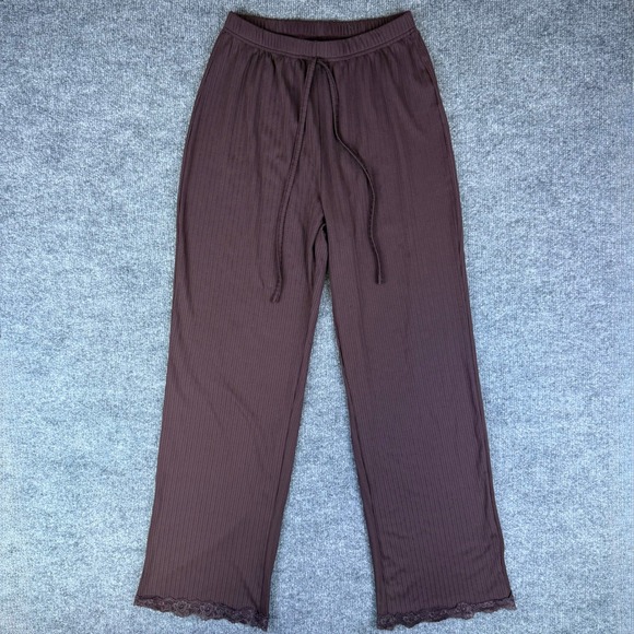 Other - Womens Brown Ribbed Pinstripe Wide Leg Lace Detail Lounge Pants Drawstring Sz M